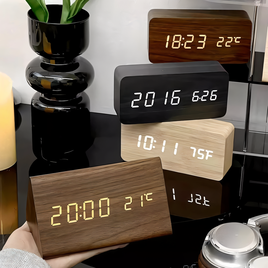 SUENTA Timevo – Digitaler Holz-Wecker mit LED-Anzeige, Temperatur & Luftfeuchtigkeit
