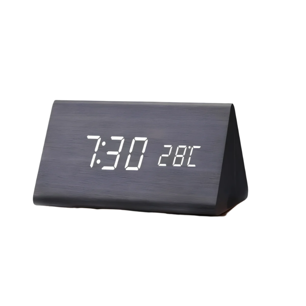 SUENTA Timevo – Digitaler Holz-Wecker mit LED-Anzeige, Temperatur & Luftfeuchtigkeit Schwarz Dreieck