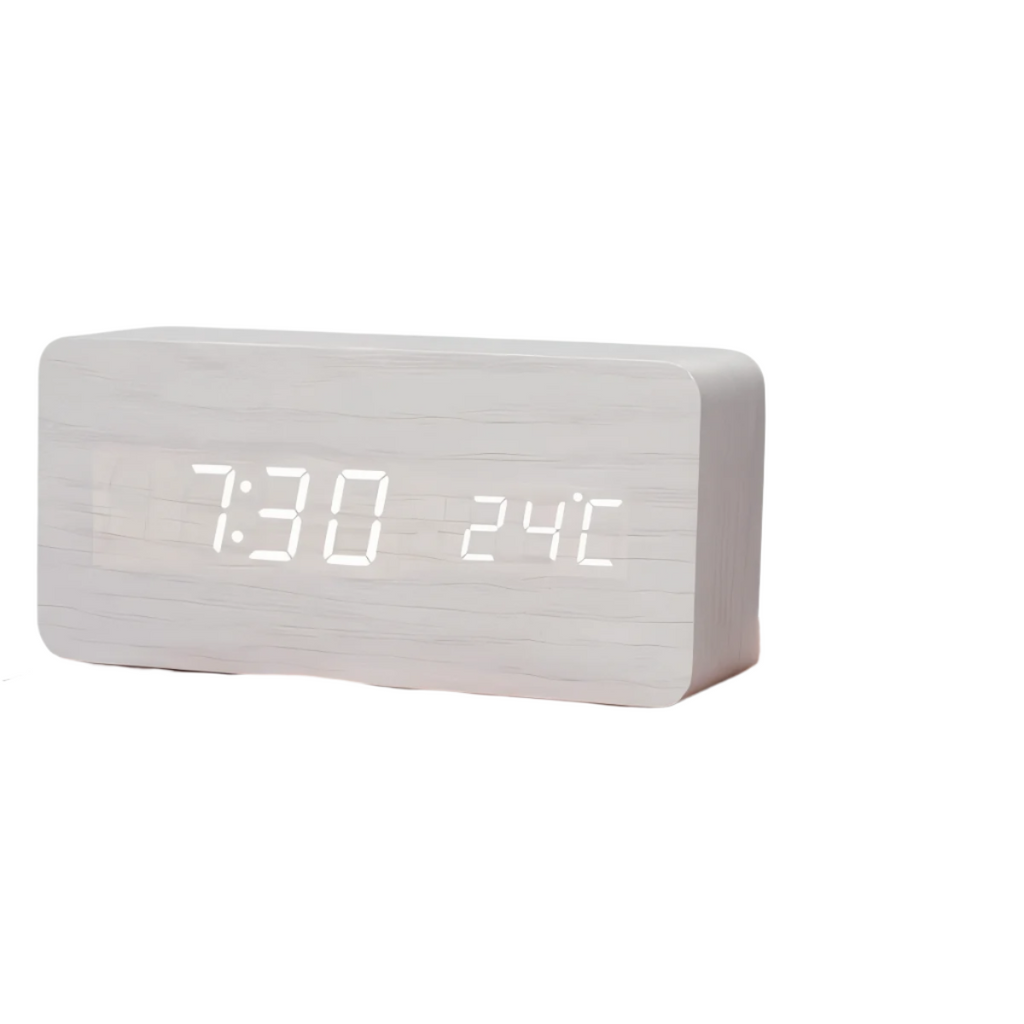 SUENTA Timevo – Digitaler Holz-Wecker mit LED-Anzeige, Temperatur & Luftfeuchtigkeit Grau Weiß Rechteck
