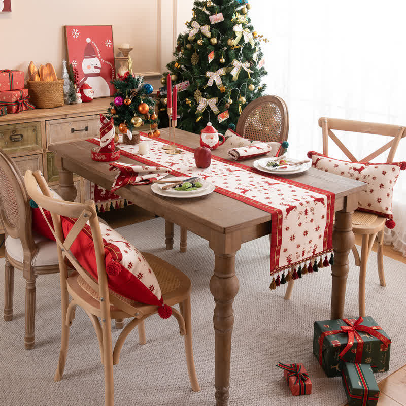 SUENTA Tischläufer Festliche Weihnachtsdeko Mit Quasten Für Gäste Tischläufer Weiß & Rot