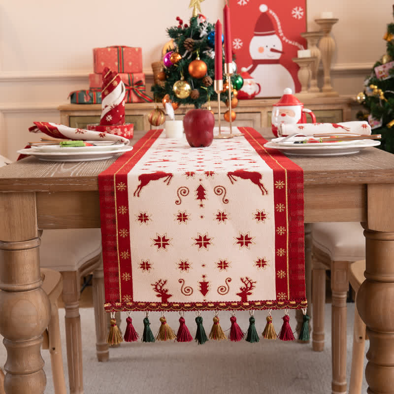 SUENTA Tischläufer Festliche Weihnachtsdeko Mit Quasten Für Gäste Tischset Weiß & Rot 35cm x 45cm
