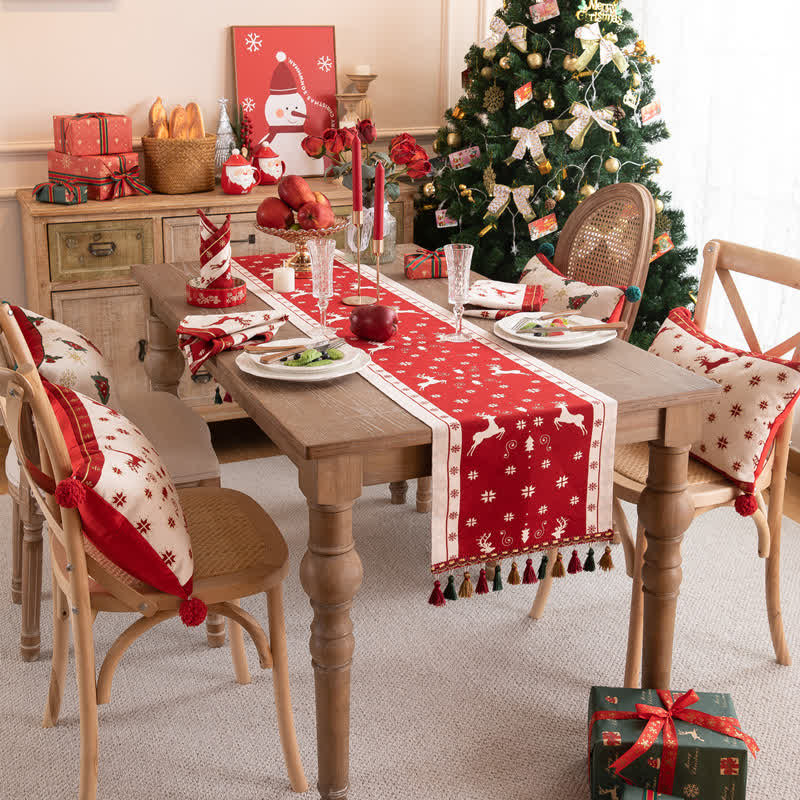 SUENTA Tischläufer Festliche Weihnachtsdeko Mit Quasten Für Gäste Tischläufer Rot & Beige
