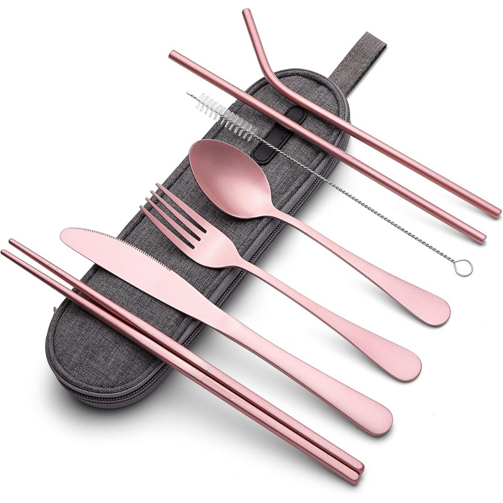 SUENTA Tragbares Edelstahl Besteckset Mit Wasserdichtem Etui Rosa