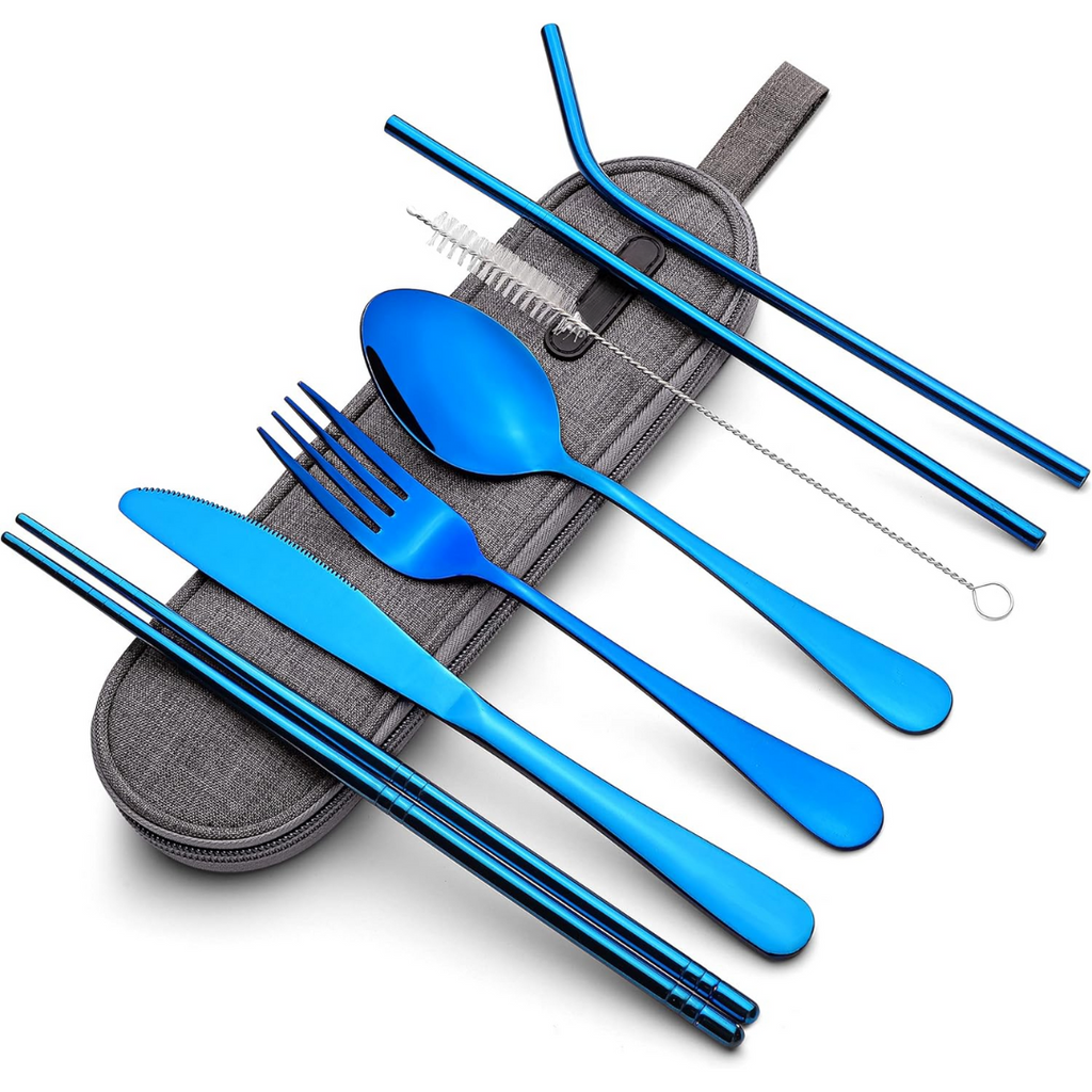 SUENTA Tragbares Edelstahl Besteckset Mit Wasserdichtem Etui Blau