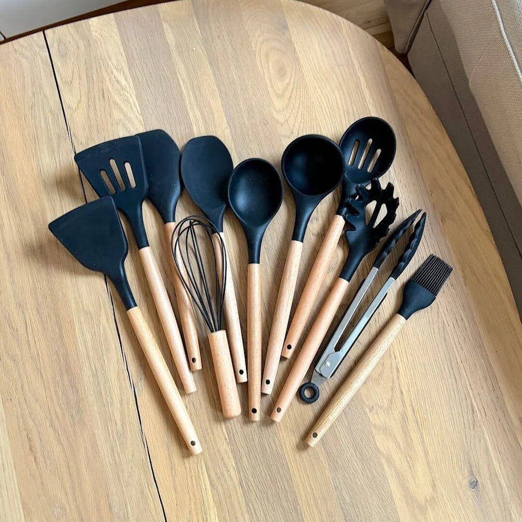 SUENTA Ungiftiges BPA-Freies Kochutensilien-Set Silikon Holzgriffe
