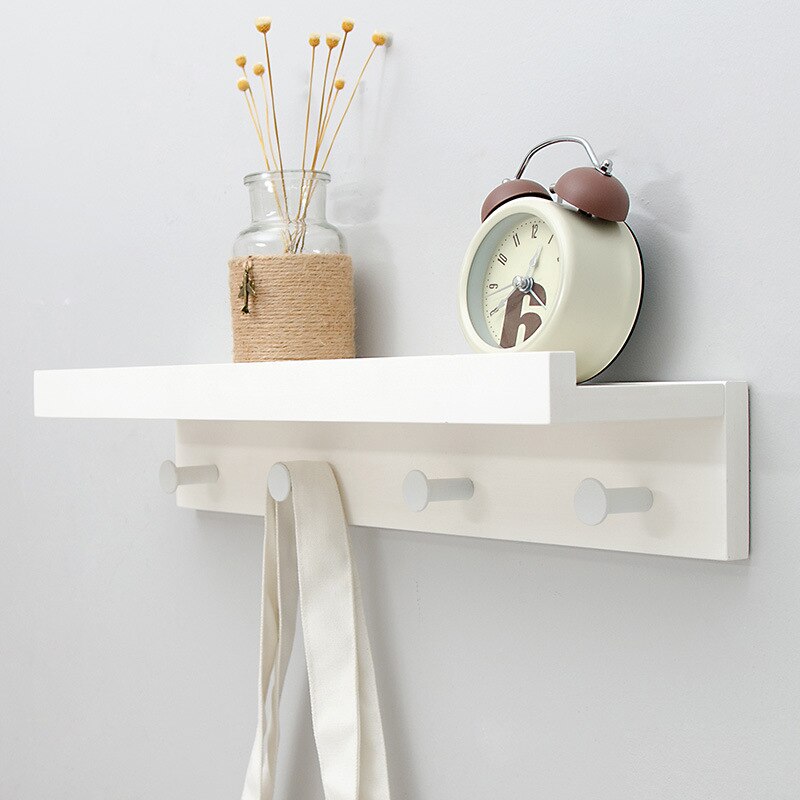 SUENTA Wandregal Holz mit Haken für Garderobe und Wohnzimmer - 2-4 Haken 4 Haken Weiß