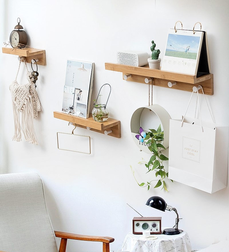SUENTA Wandregal Holz mit Haken für Garderobe und Wohnzimmer - 2-4 Haken