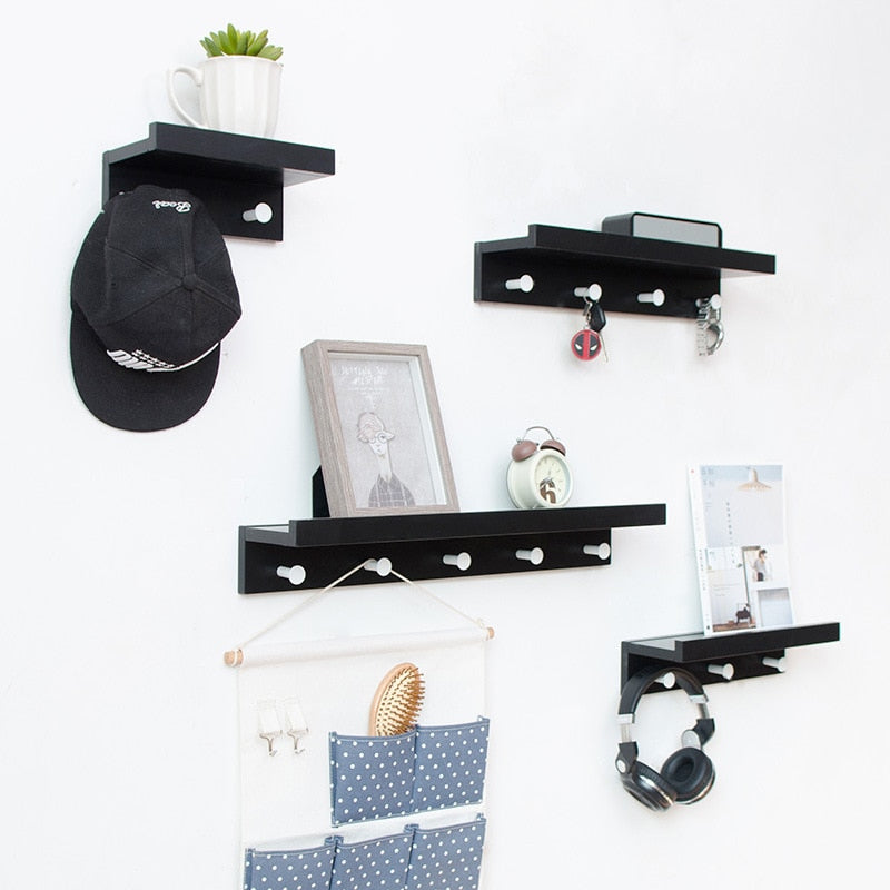 SUENTA Wandregal Holz mit Haken für Garderobe und Wohnzimmer - 2-4 Haken