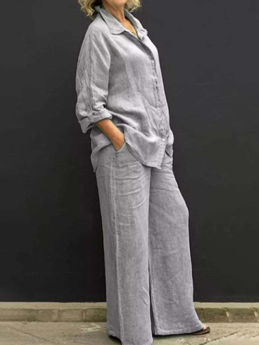SUENTA Damen Baumwoll Zweiteiler – Zweiteiliges Set mit Langem Oberteil und Hose Grau