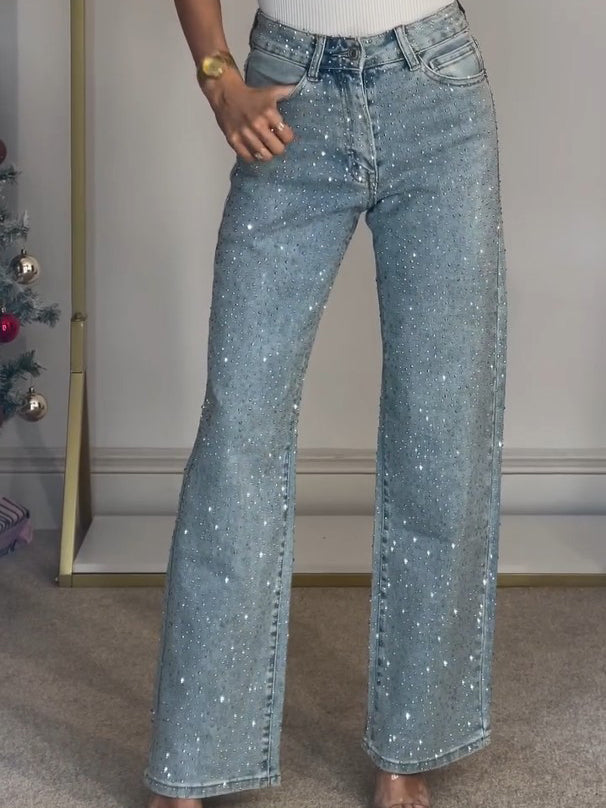 SUENTA Damenjeans Glitzernde Hohen Bund Funkelnde Details Bequem Blauw