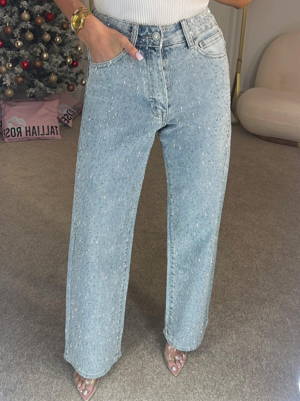 SUENTA Damenjeans Glitzernde Hohen Bund Funkelnde Details Bequem