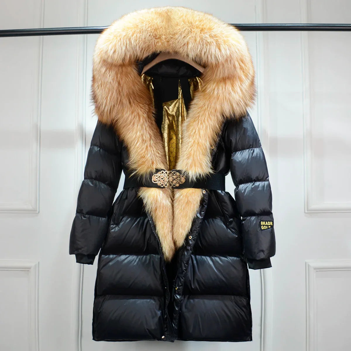 SUENTA Damen Puffer-Mantel mit Gürtel Kunstpelzkragen Winter Schwarz-Khaki