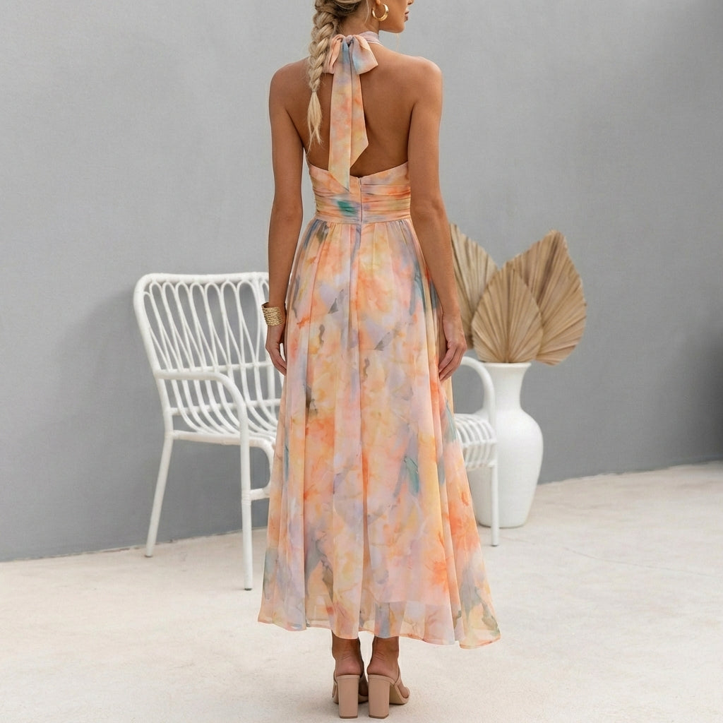 SUENTA Sahara | Chiffon-Maxikleid mit Neckholder, geraffter Taille und Faltenrock