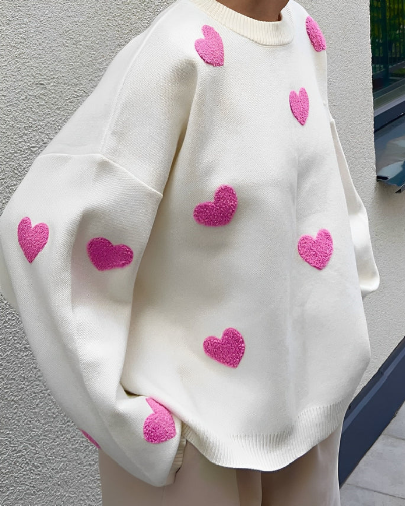 SUENTA Vespera Damen Strickpullover "Comfy Love" – Atmungsaktiver Komfort Weiß - Rosa Herzen