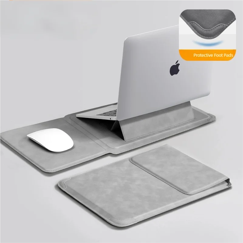 SUENTA Laptop Sleeve Case with Ergonomic Foldable Stand for MacBook Air Pro 13 13.6 M4, HP, Dell, Huawei - Waterproof Slim Notebook Cover 13 14 15 15.6 16 Inch Light grey