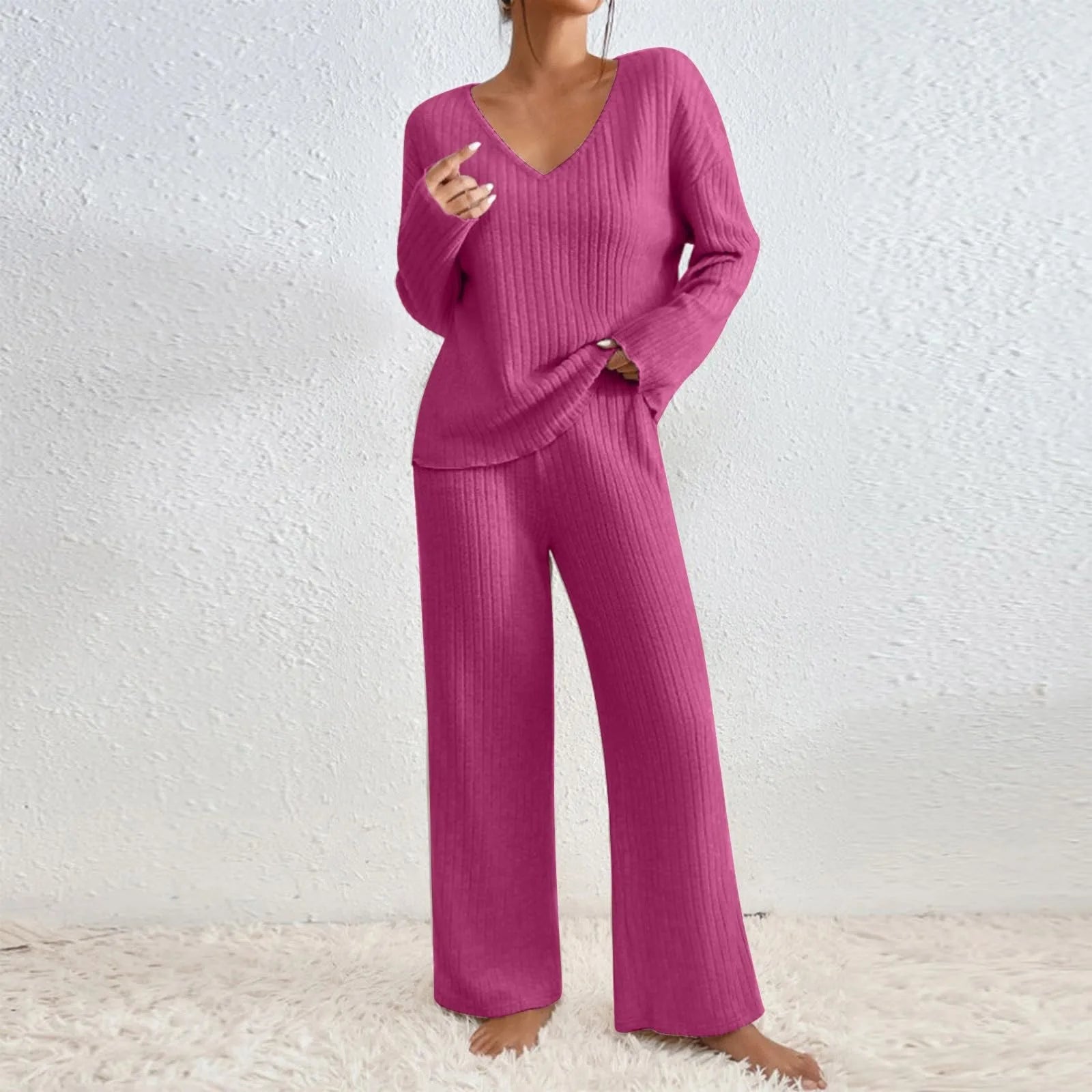 SUENTA Damen Lounge Set – Zweiteiliges Geripptes Sweater- und Hosen-Set Rosa
