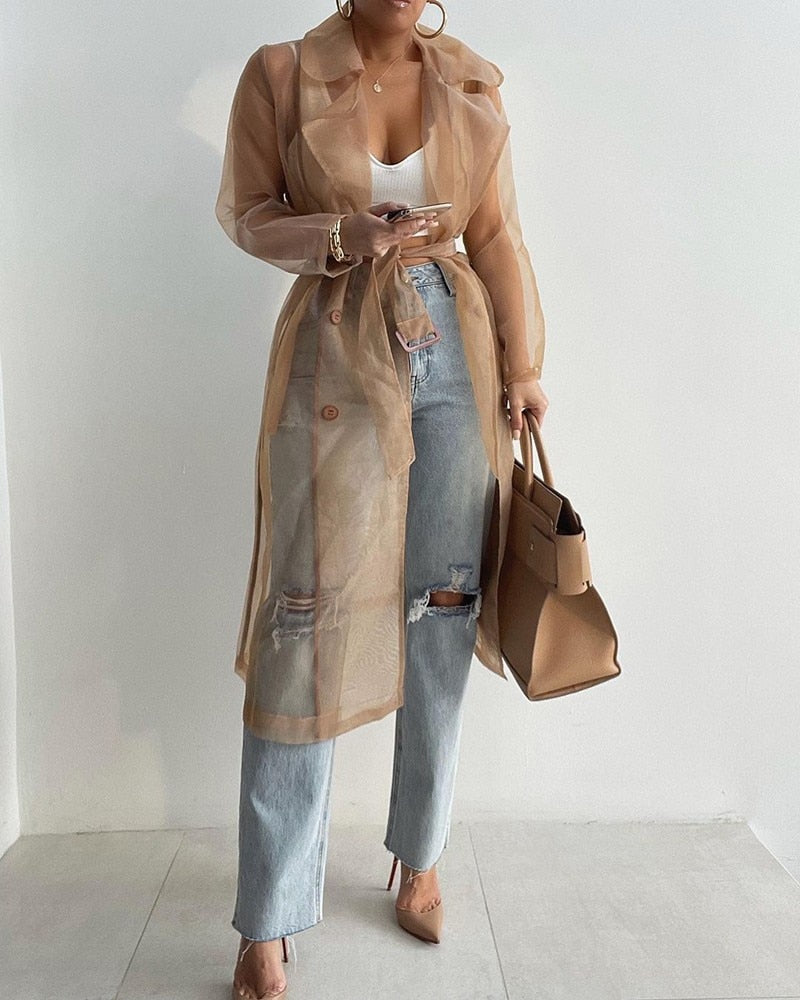 SUENTA Damen Trenchcoat Carmen Leichter Stoff Stil Klar Eleganz Braun