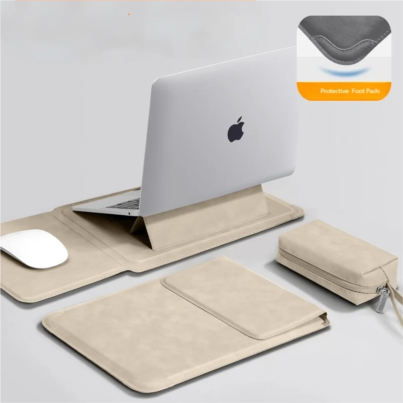 SUENTA Laptop Sleeve Case with Ergonomic Foldable Stand for MacBook Air Pro 13 13.6 M4, HP, Dell, Huawei - Waterproof Slim Notebook Cover 13 14 15 15.6 16 Inch khaki Set