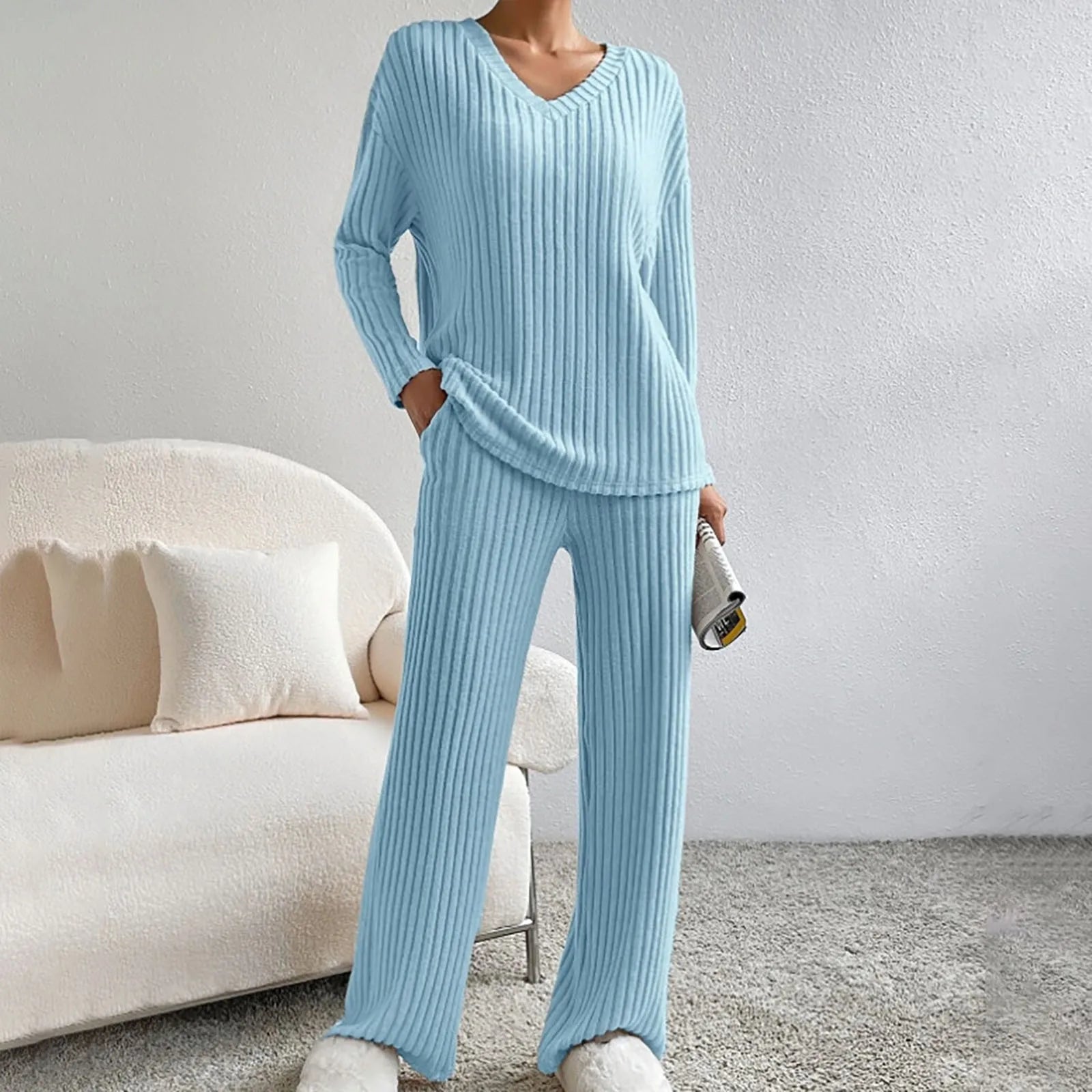 SUENTA Damen Lounge Set – Zweiteiliges Geripptes Sweater- und Hosen-Set Türkis