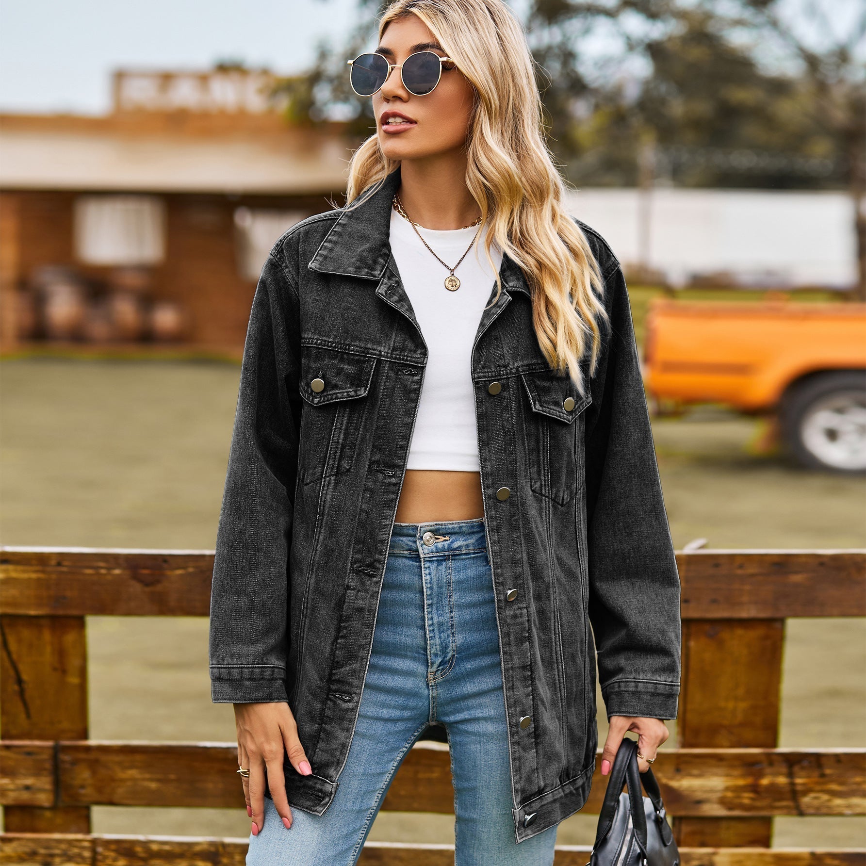 SUENTA Damen Jeansjacke – Denim Jacke mit Knopfverschluss Party Dunkelgrau OHNE KAPUZE