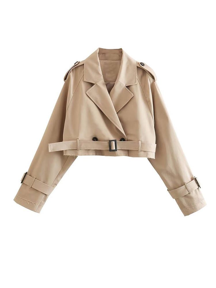 SUENTA Damen Kurzer Beigefarbener Trenchcoat Zweireihiges Design Beige