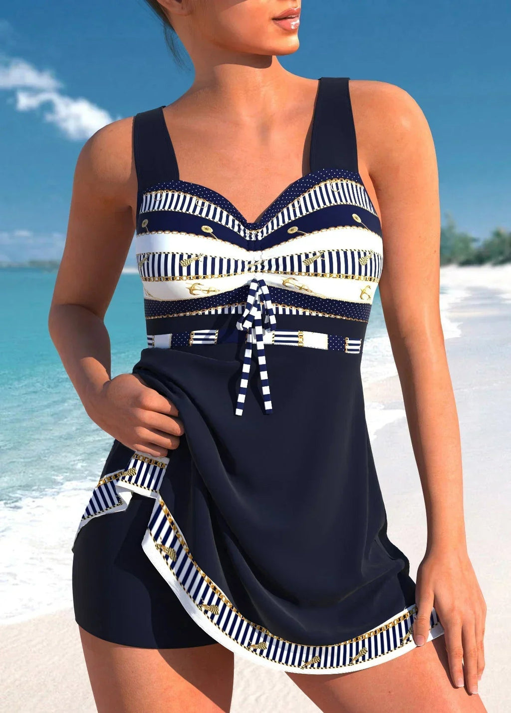 SUENTA Zahara | Damen Schnelltrocknender zweiteiliger Badeanzug mit Rock – Luxus Tankini Set & Figuroptimierender Badeanzug Marineblau