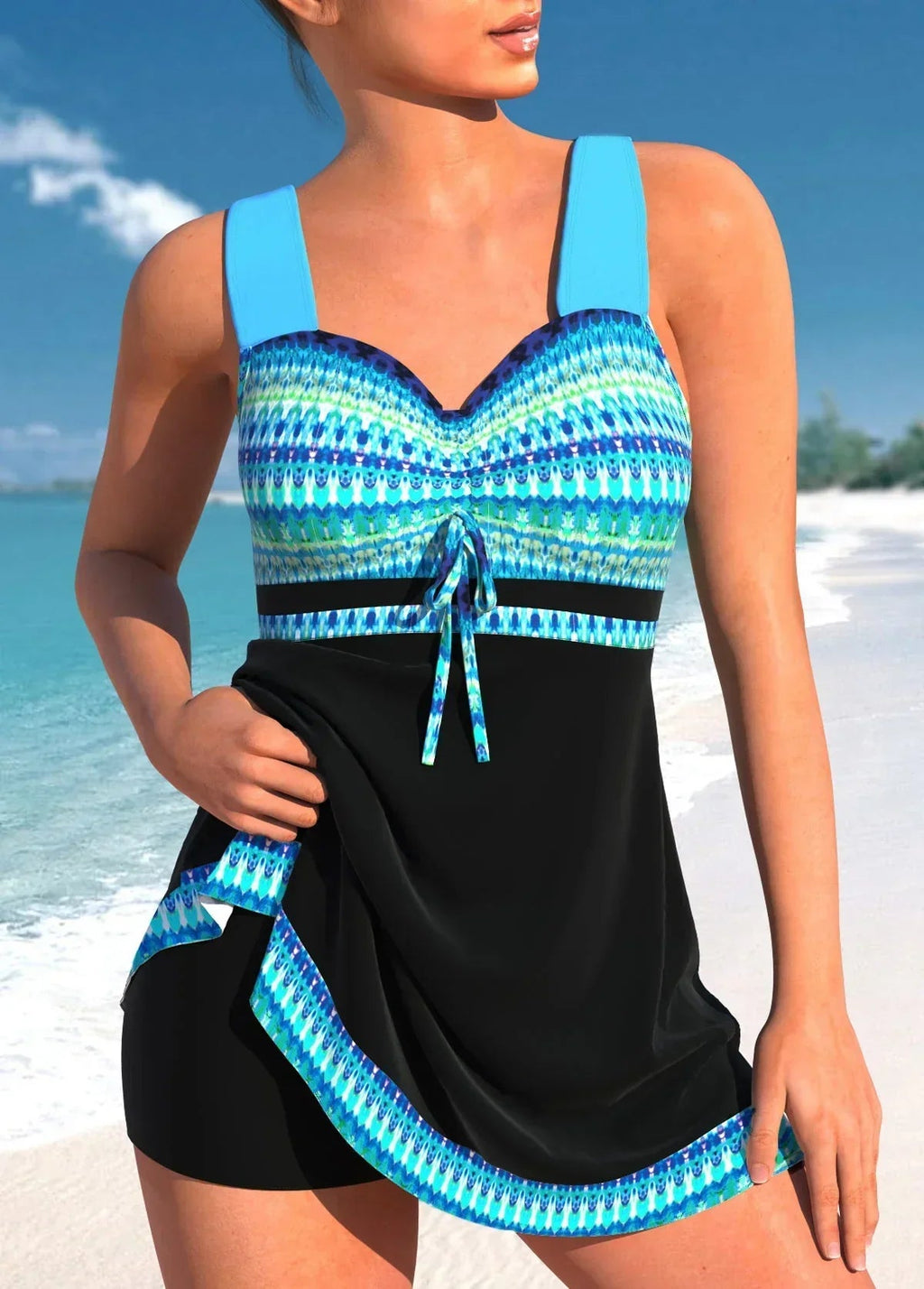 SUENTA Zahara | Damen Schnelltrocknender zweiteiliger Badeanzug mit Rock – Luxus Tankini Set & Figuroptimierender Badeanzug Hellblau