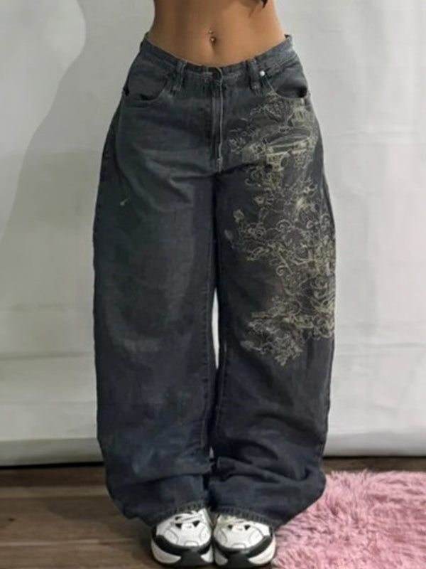 SUENTA Schwarze amerikanische Retro-High-Street-Boyfriend-Jeans mit weitem Bein Schwarz