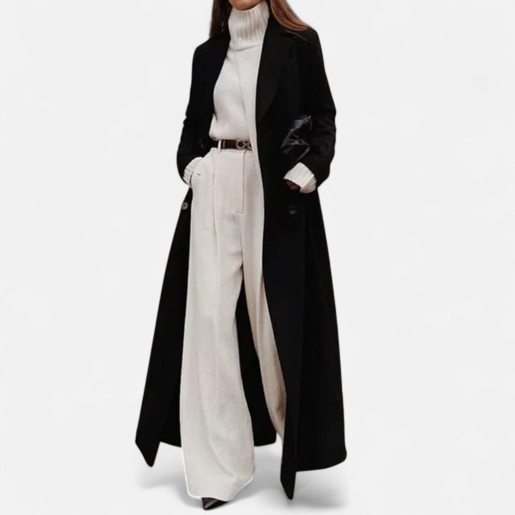 SUENTA Damen Maxi-Damenmantel Schwarzer Lang Geschnittener Taillierter Mantel Schwarz
