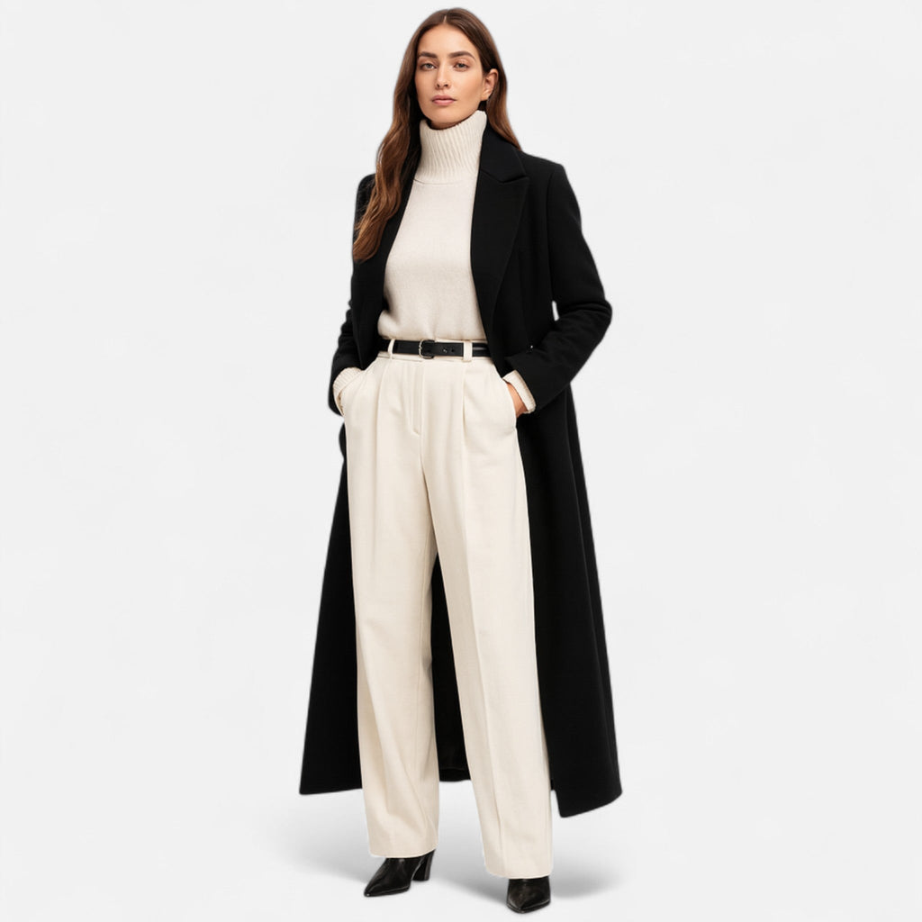 SUENTA Damen Maxi-Damenmantel Schwarzer Lang Geschnittener Taillierter Mantel