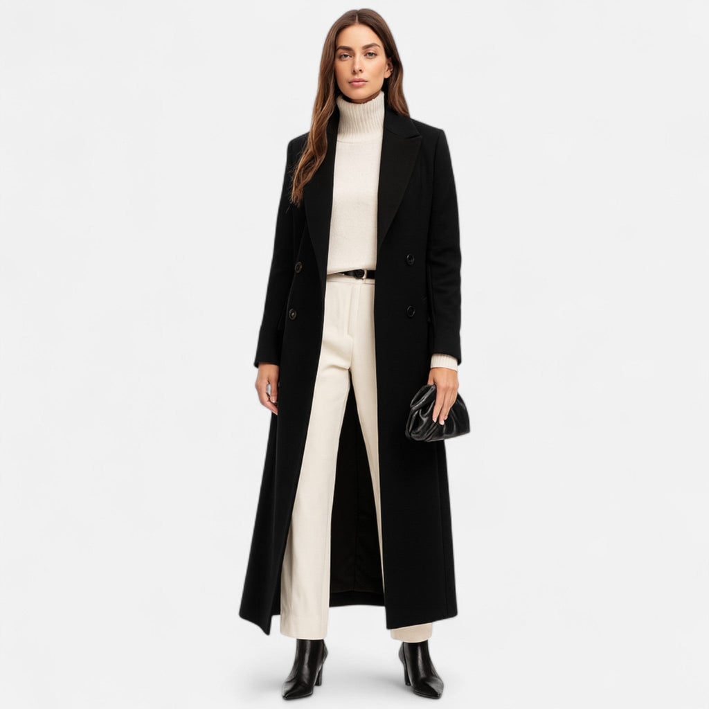 SUENTA Damen Maxi-Damenmantel Schwarzer Lang Geschnittener Taillierter Mantel