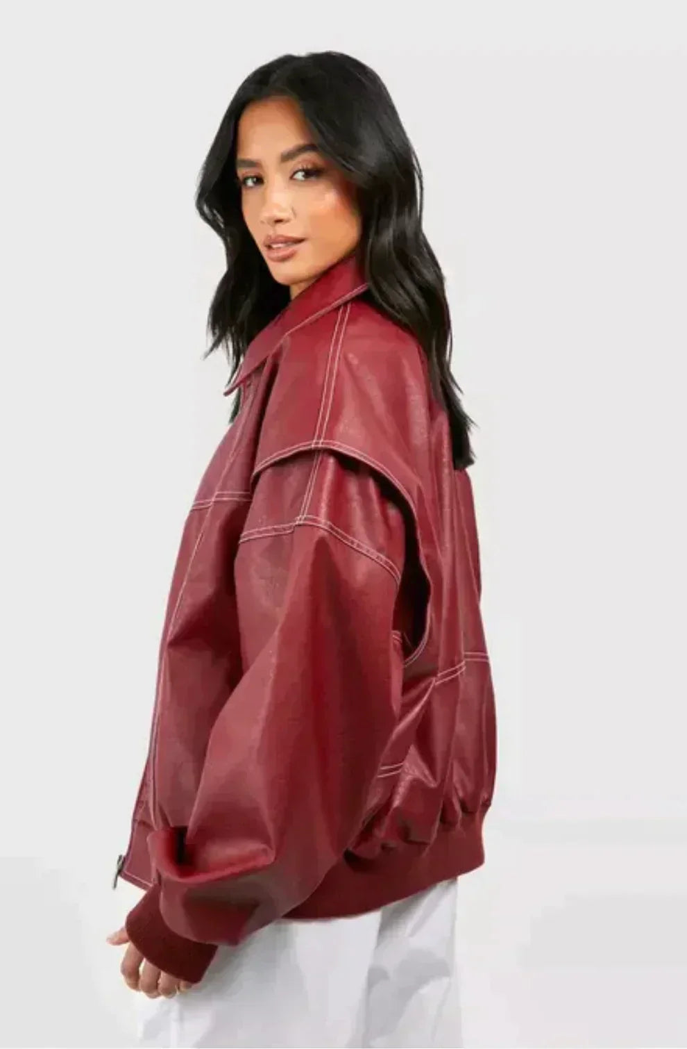 SUENTA Damen Rote Oversize Jacke Leder Strahlender Stil Mode Statement