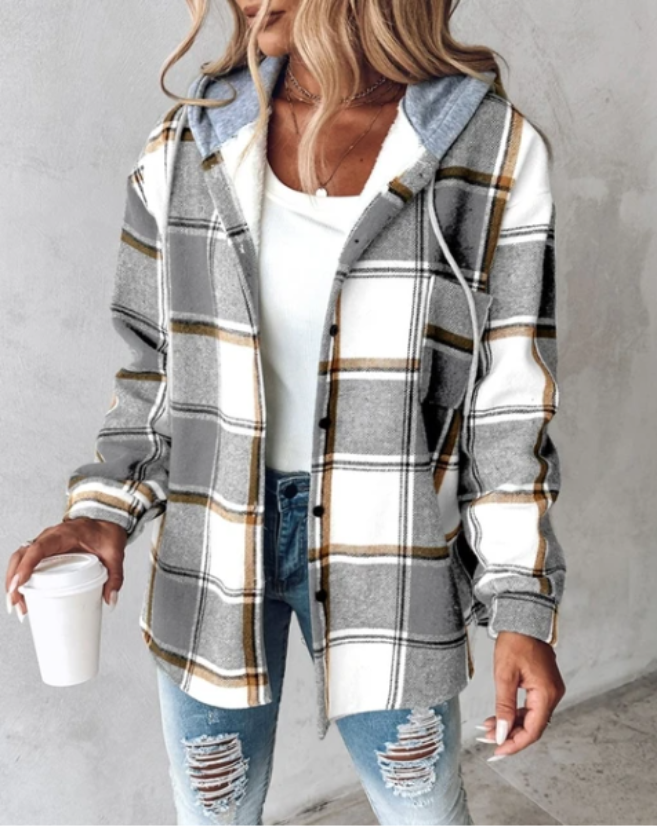 SUENTA Kapuzen Jacke Damen Kariert Warme Innenfutter Trendig - Winterjacke Damen Grau