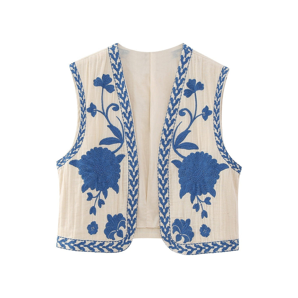 SUENTA Damen Weste Vintage Blumenbestickte Blumenstickerei Blau