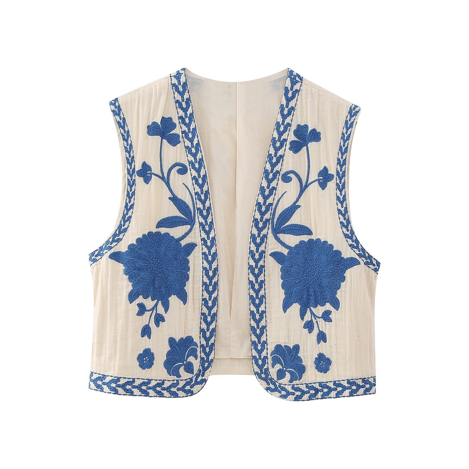 SUENTA Damen Weste Vintage Blumenbestickte Blumenstickerei Blau