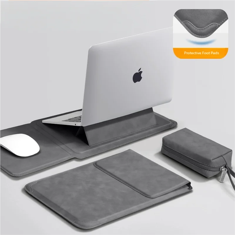 SUENTA Laptop Sleeve Case with Ergonomic Foldable Stand for MacBook Air Pro 13 13.6 M4, HP, Dell, Huawei - Waterproof Slim Notebook Cover 13 14 15 15.6 16 Inch Deep grey Set