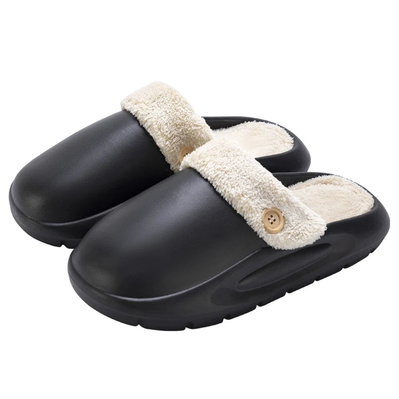 SUENTA Waterproof Winter Plush Slippers for Women & Men - Warm Thermal House Shoes with Detachable Fleece Lining & Anti-Slip Rubber Sole Black