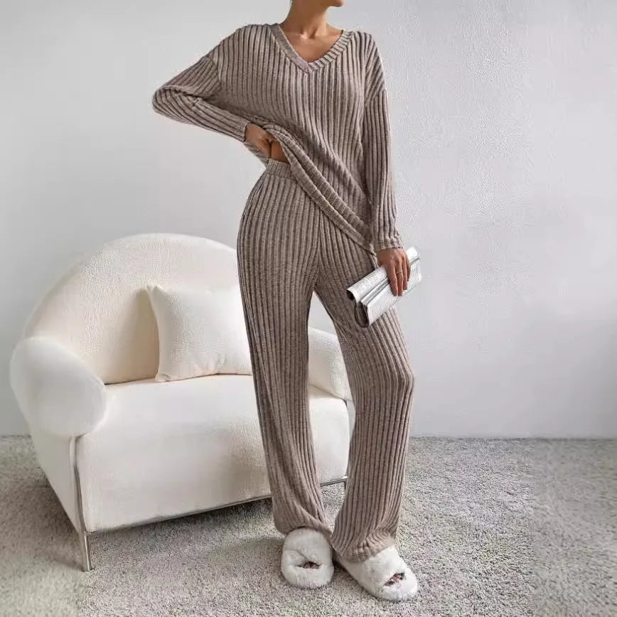 SUENTA Damen Lounge Set – Zweiteiliges Geripptes Sweater- und Hosen-Set Grau