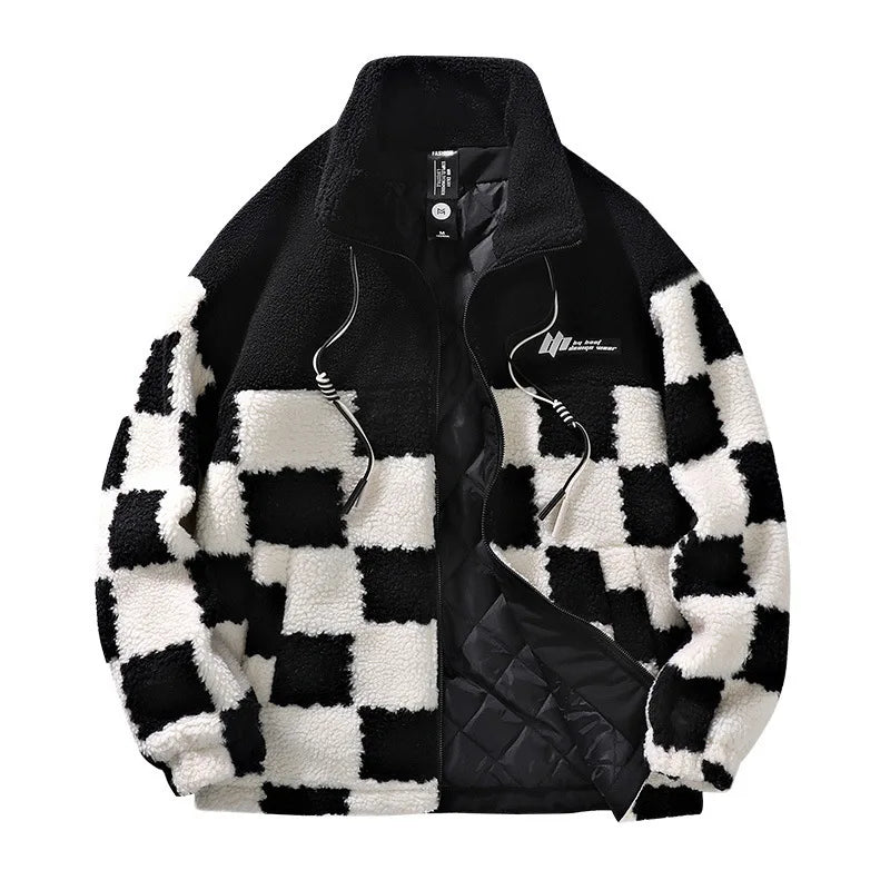 SUENTA Herren Schachbrettmuster Jacke Winter Markanter Look Schwarz