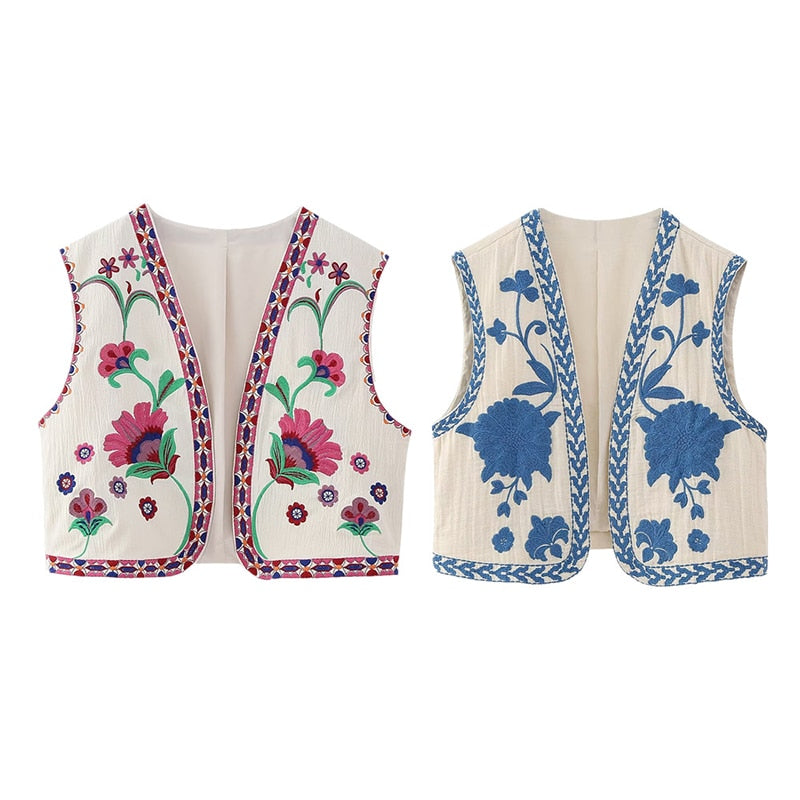 SUENTA Damen Weste Vintage Blumenbestickte Blumenstickerei