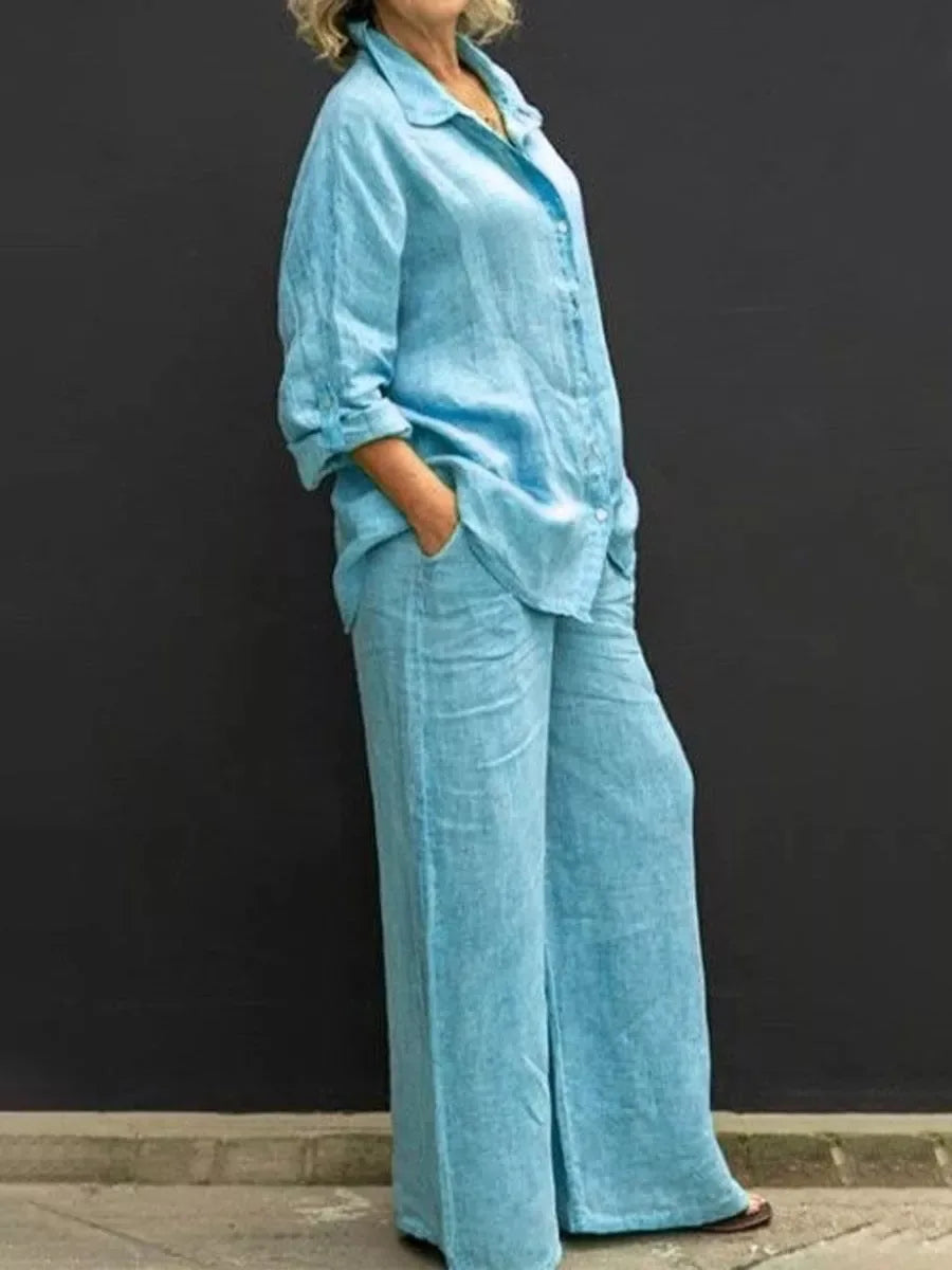 SUENTA Damen Baumwoll Zweiteiler – Zweiteiliges Set mit Langem Oberteil und Hose Blau