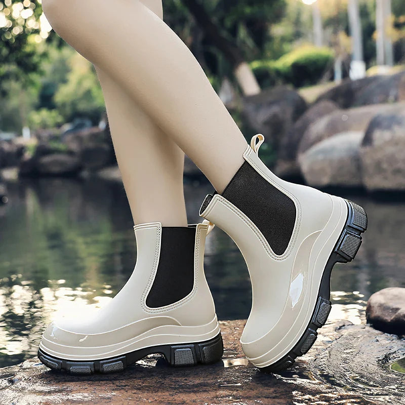 SUENTA Damen Wasserdichte Gummistiefel | Kurzrohr - Winterstiefel Weiß