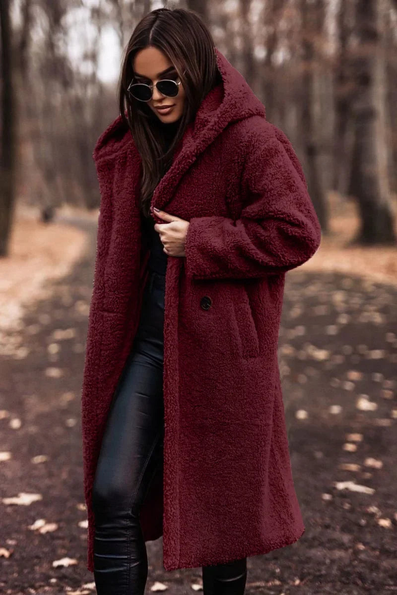 SUENTA Damen Winter Mantel Kapuze Weich Langer Mantel Silhouette - Winterjacke Damen Wein Rot