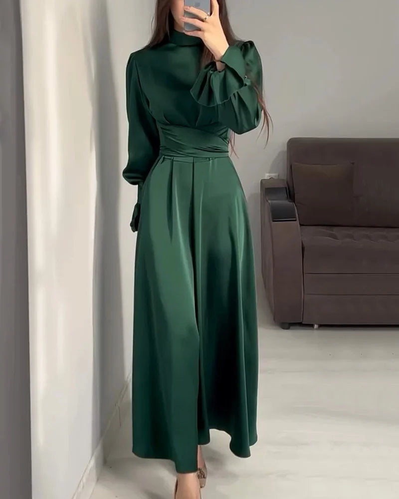 SUENTA Flora | Damen Abendkleid – Langes Maxikleid & Exklusiver Satin-Glanz Grün