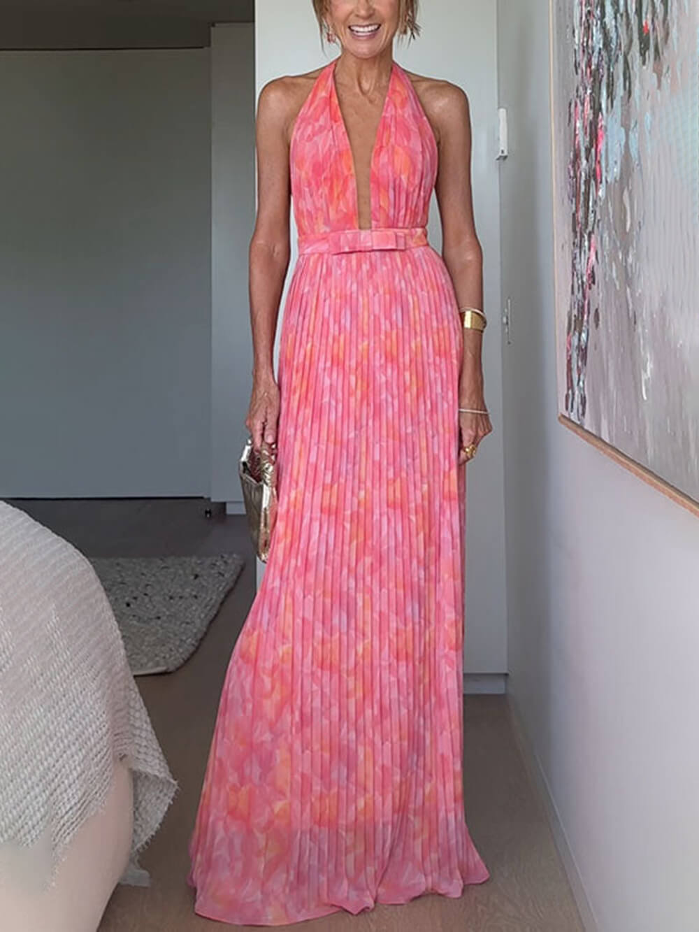 SUENTA Damen Abendkleid Elegantes Schickes Langes Rückenfreies Kleid Besondere Anlässe Rose