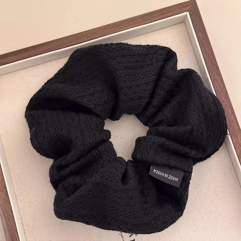 SUENTA Vintage Knit Pattern Hair Scrunchie for Women & Girls - Oversized Knitted Elastic Hair Tie & Sweet Retro Ponytail Holder Fashion Hair Accessory Black