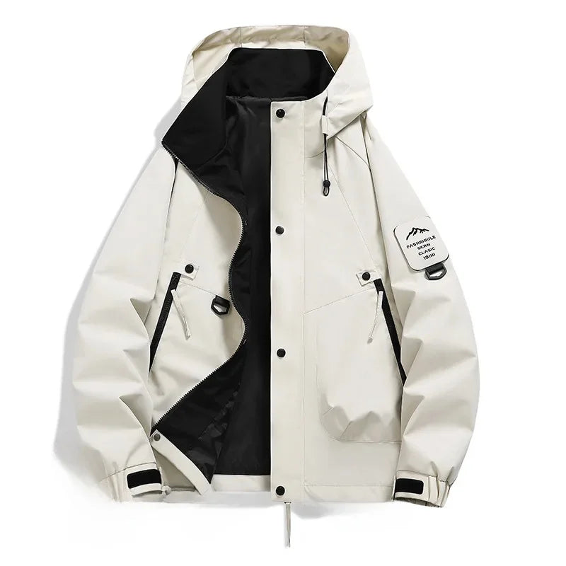 SUENTA Unisex Kapuze Skijacke Mit Langarm Lockere Schnitt Paare Beigeweiß