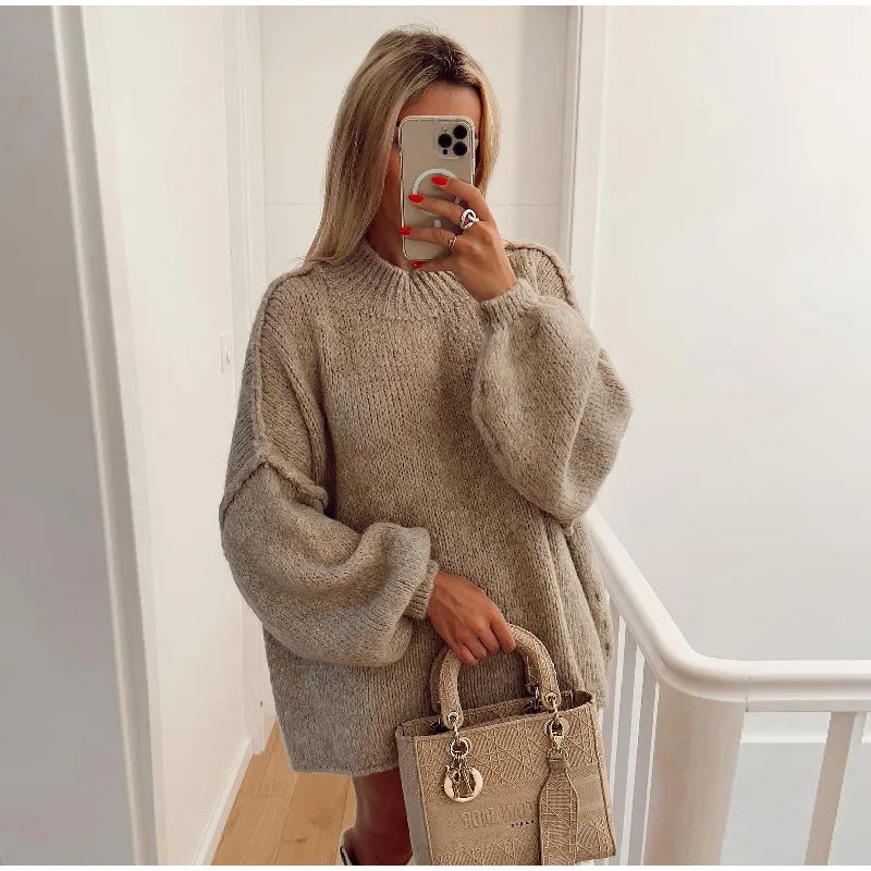 SUENTA Damen Flauschiger Oversize Strickpullover Weichen Warmen Khaki