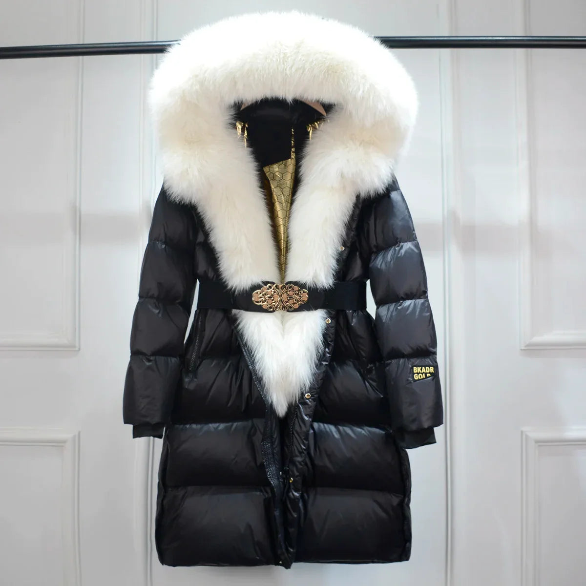 SUENTA Damen Puffer-Mantel mit Gürtel Kunstpelzkragen Winter Schwarz Weiß
