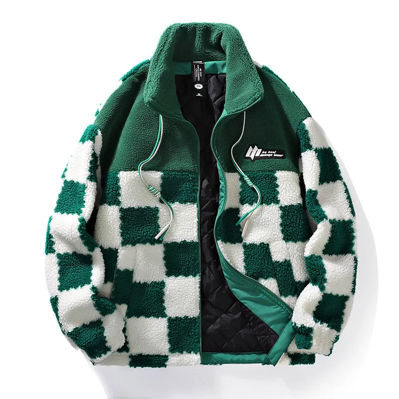 SUENTA Herren Schachbrettmuster Jacke Winter Markanter Look Armeegrün